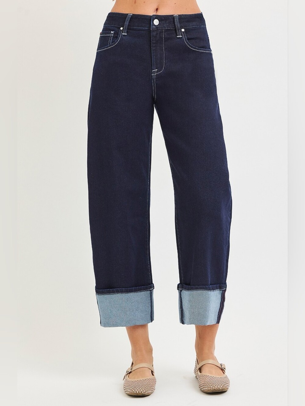 RISEN Deep Dark Wash Cuffed Barrel Jeans Cropped Stretch Classic Various NEW - Picture 12 of 15